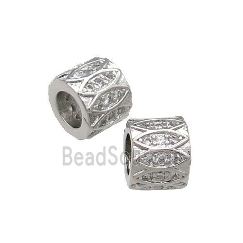 Copper Tube Beads Pave Zircon Large Hole Platinum Plated