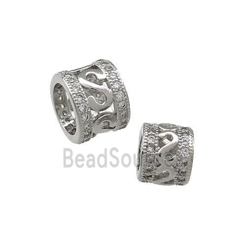 Copper Tube Beads Pave Zircon Large Hole Platinum Plated