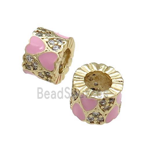 Copper Tube Beads Pave Zircon Pink Enamel Large Hole Gold Plated