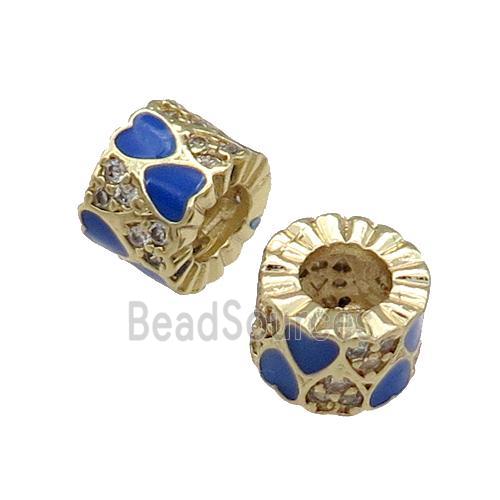 Copper Tube Beads Pave Zircon Blue Enamel Large Hole Gold Plated