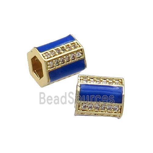 Copper Tube Beads Pave Zircon Blue Enamel Large Hole Gold Plated