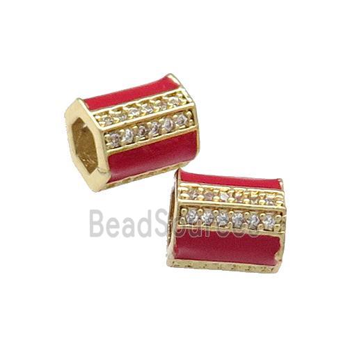 Copper Tube Beads Pave Zircon Red Enamel Large Hole Gold Plated