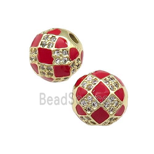 Round Copper Beads Pave Zircon Red Enamel Football Sport Gold Plated