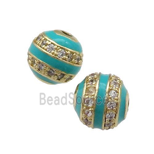 Copper Round Beads Pave Zircon Teal Enamel Gold Plated