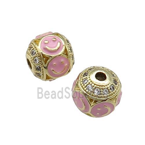 Copper Round Beads Pave Zircon Pink Enamel Emoji Gold Plated