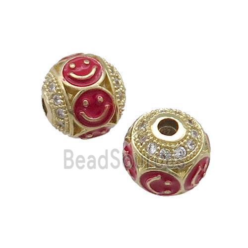 Copper Round Beads Pave Zircon Red Enamel Emoji Gold Plated