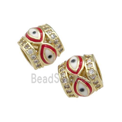 Copper Tube Beads Pave Zircon Red Enamel Evil Eye Large Hole Gold Plated