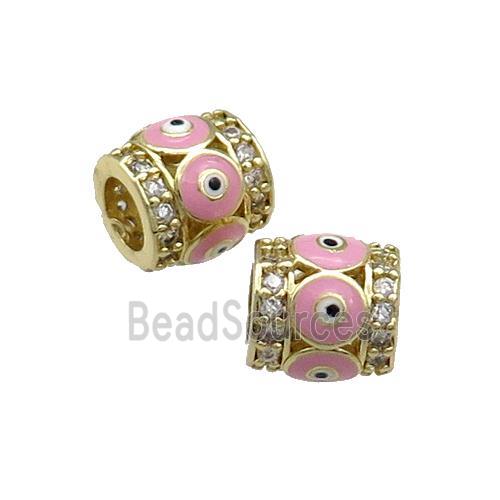 Copper Tube Beads Pave Zircon Pink Enamel Evil Eye Large Hole Gold Plated