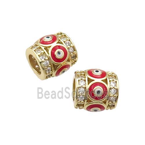 Copper Tube Beads Pave Zircon Red Enamel Evil Eye Large Hole Gold Plated