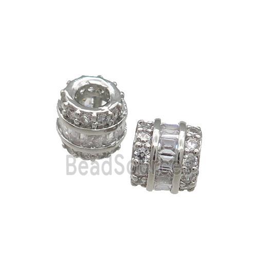 Copper Tube Beads Pave Zircon Large Hole Platinum Plated