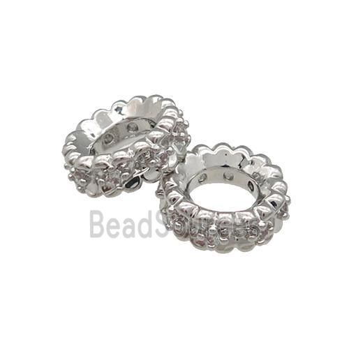 Copper Rondelle Spacer Beads Pave Zircon Large Hole Platinum Plated