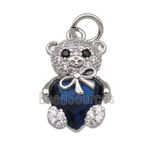 Copper Bear Charm Pendant Pave Zircon Blue Platinum Plated