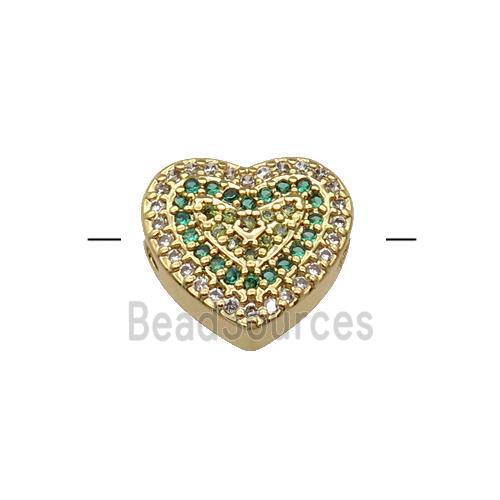 Copper Heart Beads Pave Green Zircon Gold Plated