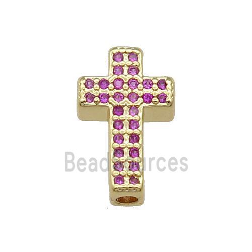 Copper Cross Beads Pave Hotpink Zircon Gold Plated