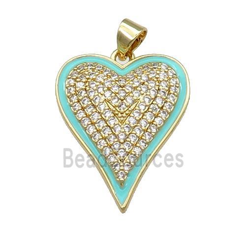 Copper Heart Pendant Pave Zircon Green Enamel Gold Plated