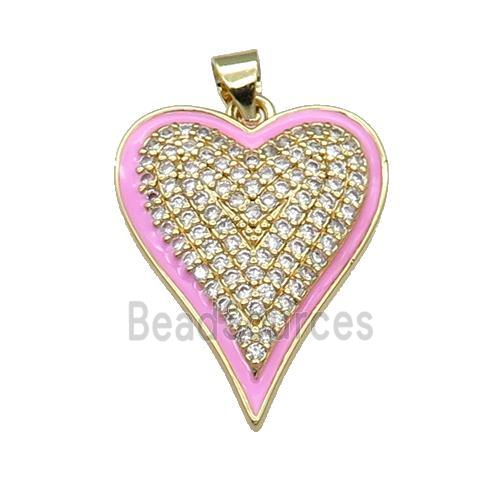 Copper Heart Pendant Pave Zircon Pink Enamel Gold Plated