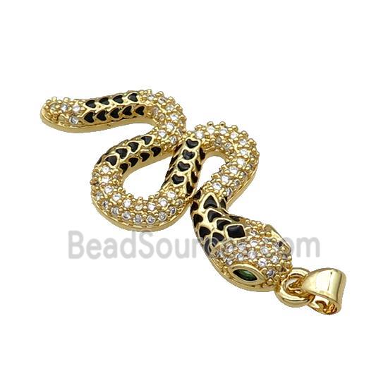 Copper Snake Charm Pendant Pave Zircon Black Enamel Gold Plated