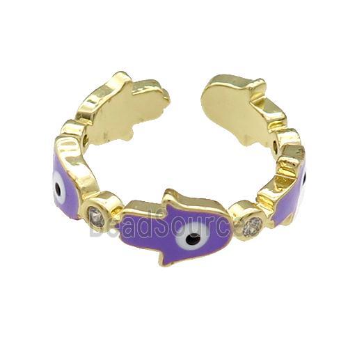 Copper Hamsahand Ring Lavender Enamel Evil Eye Gold Plated