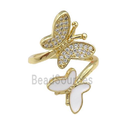 Copper Butterfly Ring Pave Zircon White Enamel Gold Plated