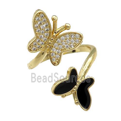 Copper Butterfly Ring Pave Zircon Black Enamel Gold Plated