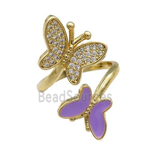 Copper Butterfly Ring Pave Zircon Lavender Enamel Gold Plated