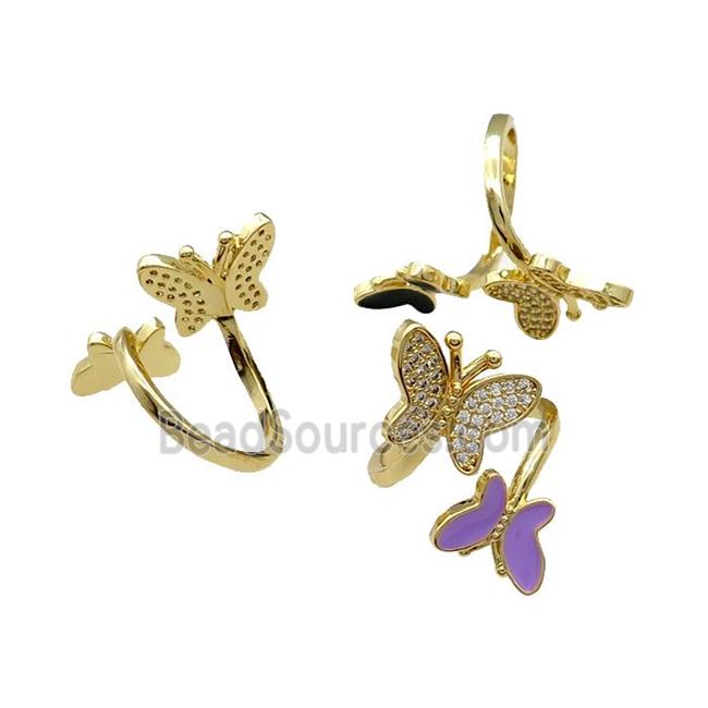 Copper Butterfly Ring Pave Zircon Enamel Gold Plated Mixed