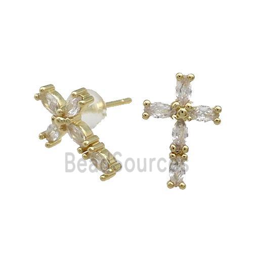 Copper Cross Stud Earring Pave Zircon Gold Plated