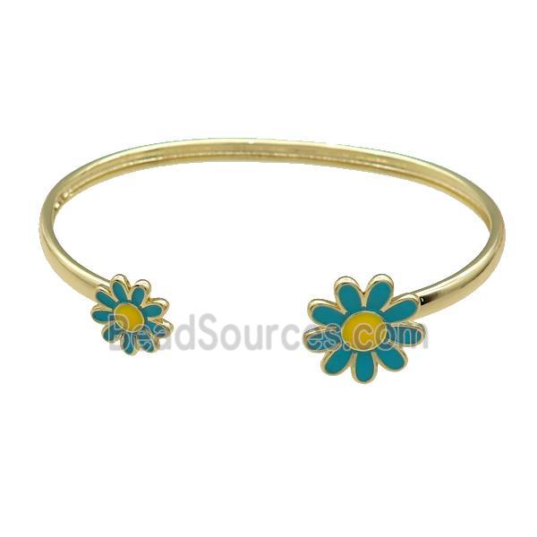 Copper Bangle Teal Daisy Enamel Flower Gold Plated