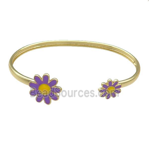 Copper Bangle Purple Daisy Enamel Flower Gold Plated