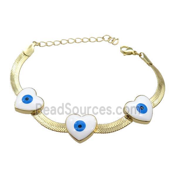 Copper Heart Evil Eye Bracelet White Enamel Gold Plated