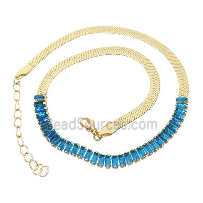 Copper FlatSnake Necklace Pave Blue Zircon Gold Plated