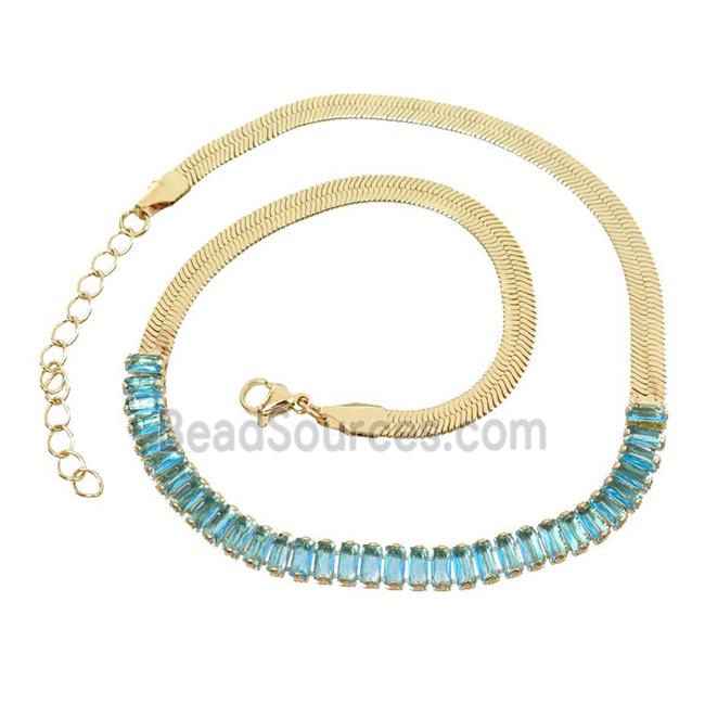 Copper FlatSnake Necklace Pave Aqua Zircon Gold Plated