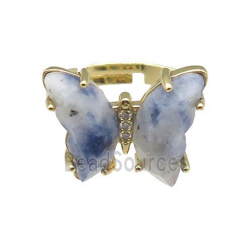 Blue Dalmatian Jasper Ring Adjustable Gold Plated