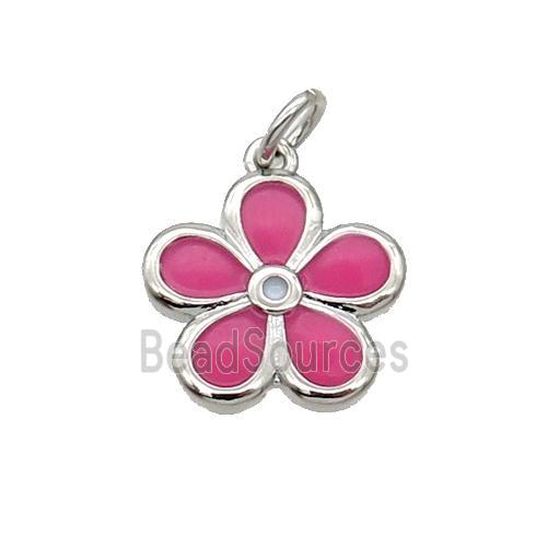 Copper Flower Pendant Hotpink Enamel Platinum Plated