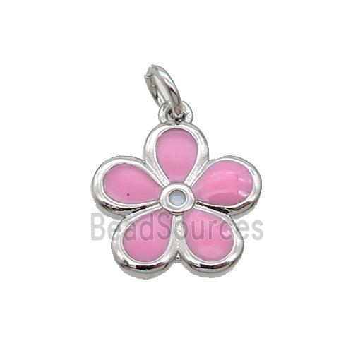 Copper Flower Pendant Pink Enamel Platinum Plated