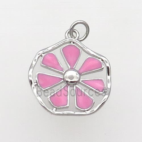 Copper Flower Pendant Pink Enamel Platinum Plated