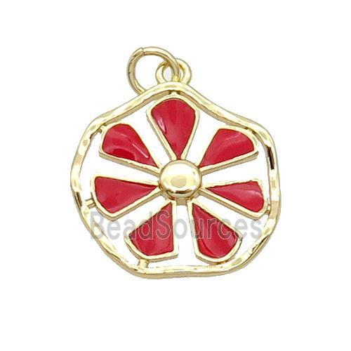 Copper Flower Pendant Red Enamel Gold Plated