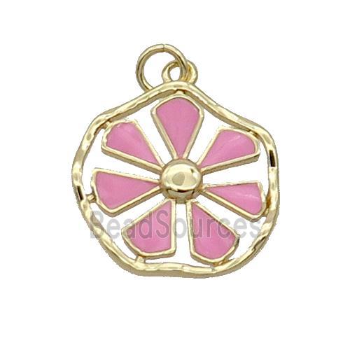 Copper Flower Pendant Pink Enamel Gold Plated