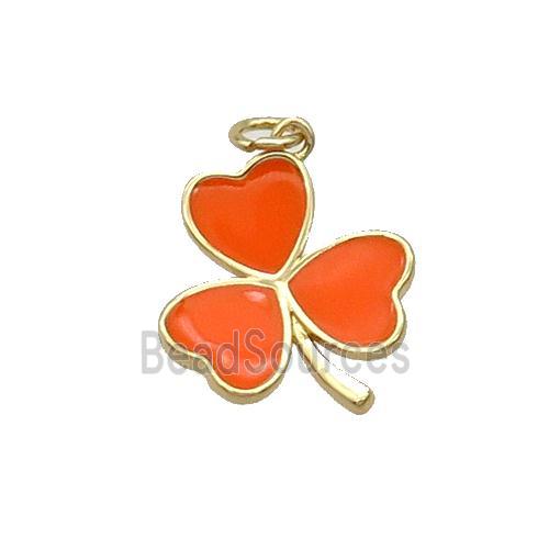 Copper Clover Pendant Orange Enamel Gold Plated