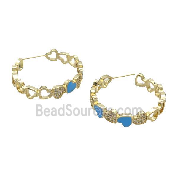 Copper Stud Earring Pave Zircon Blue Enamel Heart Gold Plated