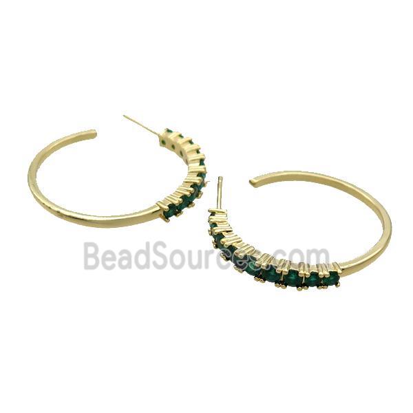 Copper Stud Earring Pave Darkgreen Zircon Gold Plated