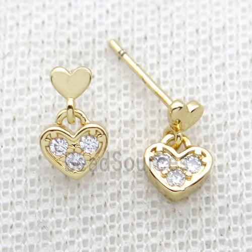 Copper Stud Earring Pave Zircon Heart Gold Plated