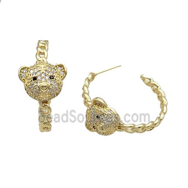 Copper Stud Earring Pave Zircon Bear Gold Plated