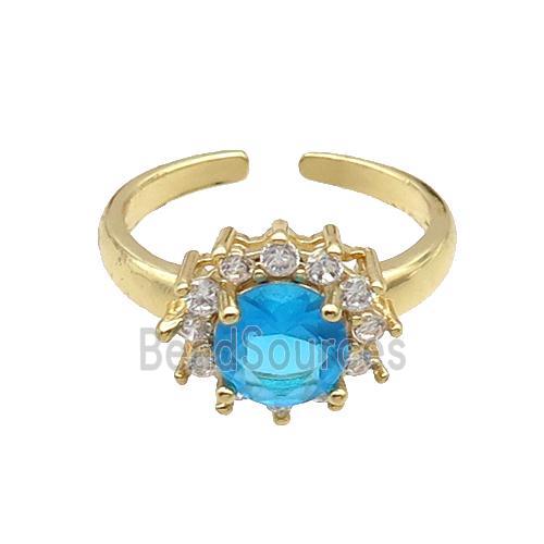 Copper Ring Pave Zircon Blue Crystal Gold Plated