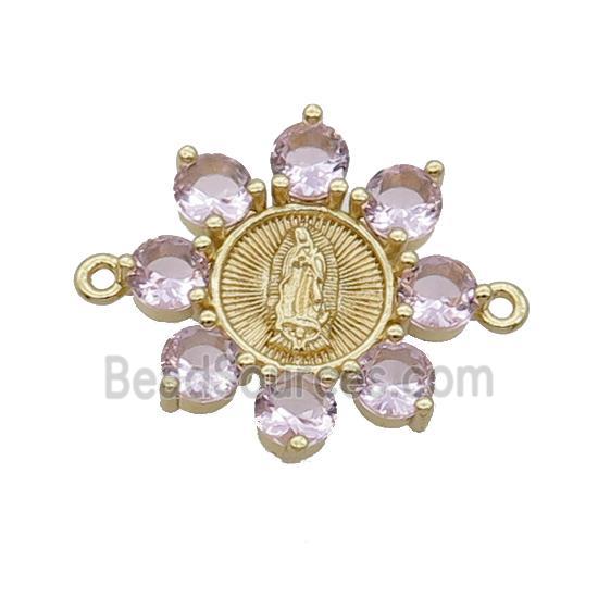 Copper Flower Connector Pave Pink Crystal Jesus Gold Plated