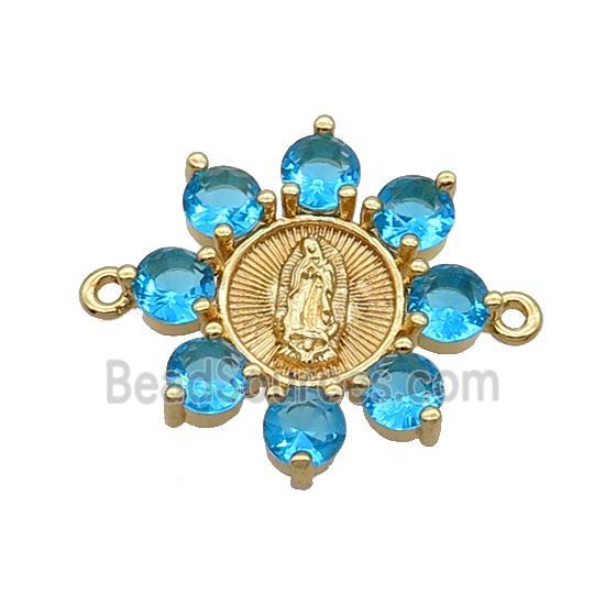 Copper Flower Connector Pave Blue Crystal Jesus Gold Plated