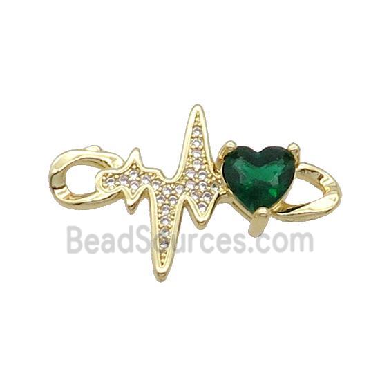 Copper Cardiogram Heart Connector Pave Zircon Green Gold Plated