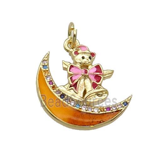 Copper Moon Pendant Pave Zircon Orange Enamel Mouse Gold Plated