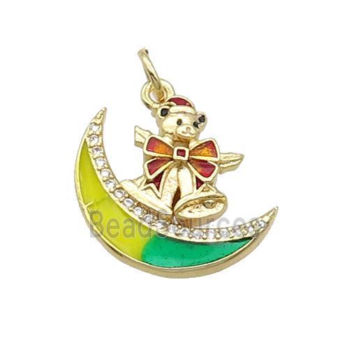 Copper Moon Pendant Pave Zircon Yellowgreen Enamel Mouse Gold Plated