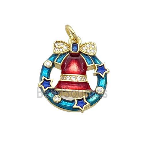 Copper Christmas Bell Pendant Pave Zircon Red Enamel Gold Plated